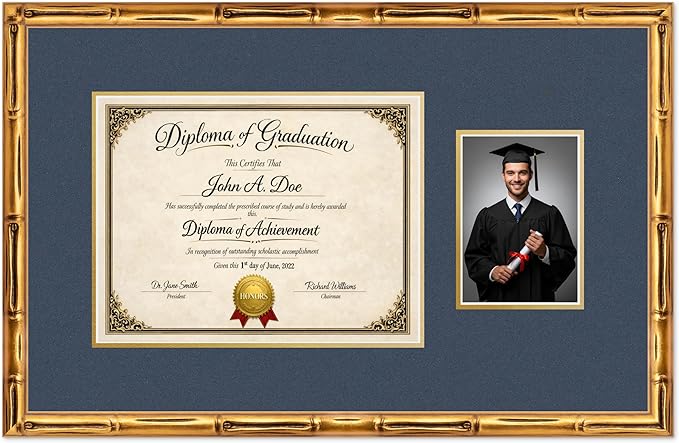 Diploma Frame With Photo Opening Gold Bamboo Navy Blue Over Gold Mat - Fits 13 x 10 Degree and Picture Made in the USA