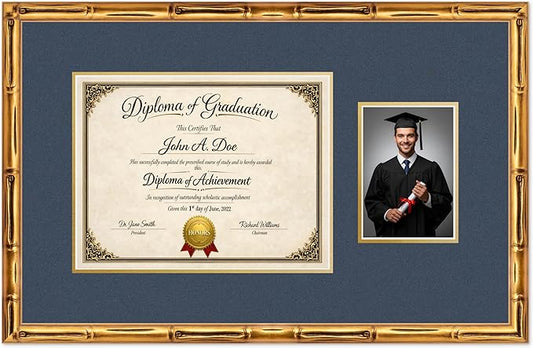 Diploma Frame With Photo Opening Gold Bamboo Navy Blue Over Gold Mat - Fits 13 x 10 Degree and Picture Made in the USA