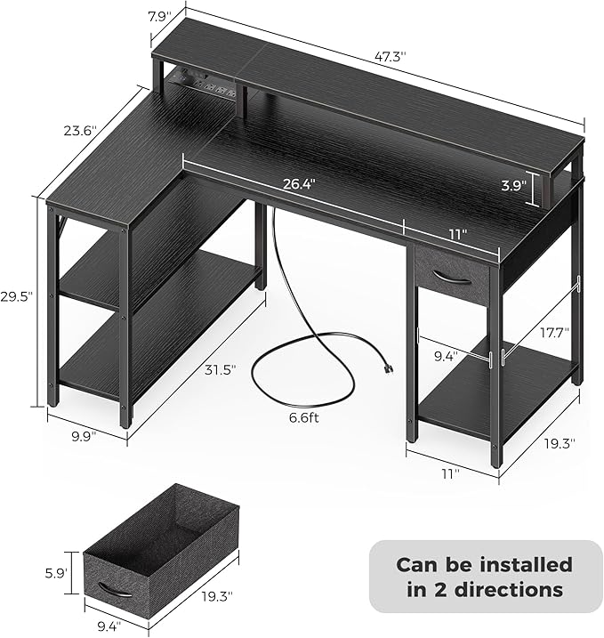 SUPERJARE 47 inch L Shaped Gaming Desk with LED Lights & Power Outlets, Reversible Computer Desk with Shelves & Monitor Stand, Corner Desk with Drawer, for Home & Office, Black