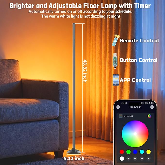 Led Corner Floor Lamp USB Powered with App & Remote Control, Color Changing Led Lamp Music Sync IC+RGBW, Timer, 64+ Music Modes, Standing Lamps for Living Room Lamp Bedroom Gaming Room, 2 Pack