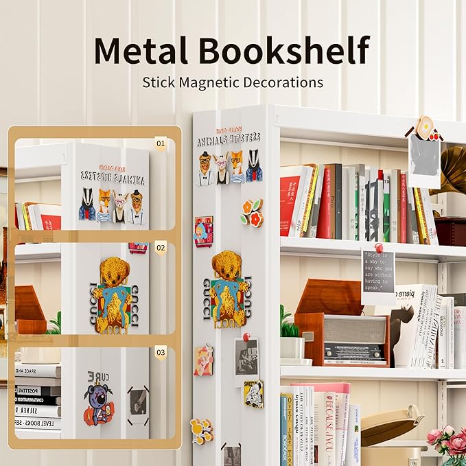70.9" H Metal Bookshelf, Adjustable Bookcase, 5-Tier Heavy Duty Bookshelf with Bookend, Tall Bookshelves, Bookcase Shelf for Living Room, Office, Library,Classroom (White-37.4W)