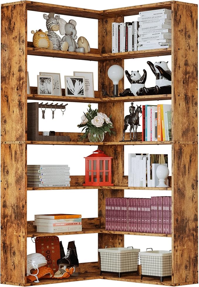 IRONCK Corner Bookshelf 6-Tier 70lbs/Shelf Large Bookshelves with Baffles Industrial Storage Display Rack for Living Room Home Office