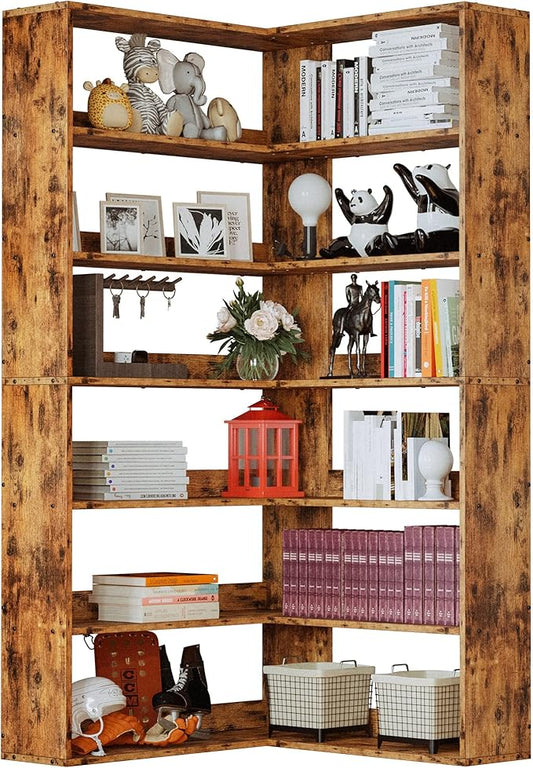 IRONCK Corner Bookshelf 6-Tier 70lbs/Shelf Large Bookshelves with Baffles Industrial Storage Display Rack for Living Room Home Office