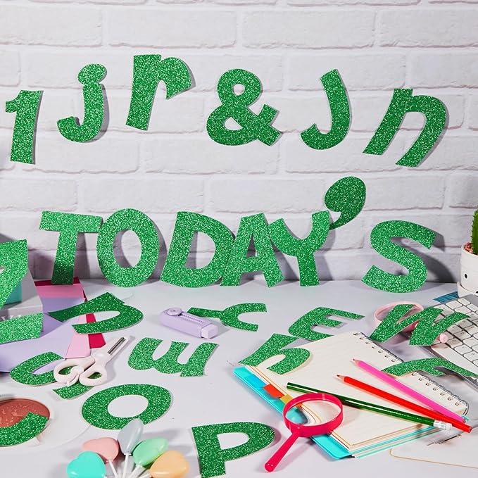 Colarr 216 Pcs Glitter Bulletin Board Letters for Classroom Number Alphabet Punctuation Symbol Cutout 4'' Die-Cut Poster Letter with Adhesive Dot School Party Holiday Decor Display(Green)