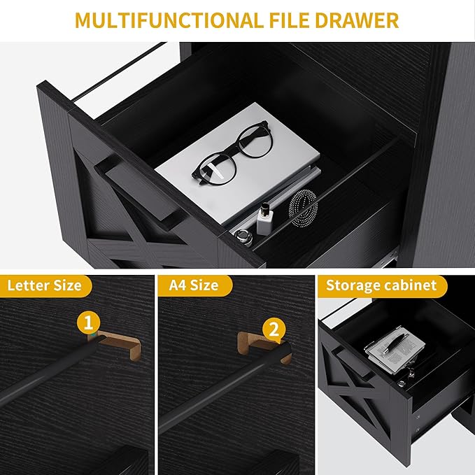 DWVO L Shaped Desk with File Drawer, 60" Corner Computer Desk with Power Outlets, Home Office Desk with Monitor Stand & Storage Shelves & File Cabinet, Black