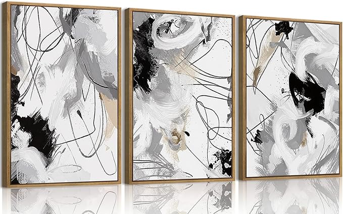 myusuar 3 Piece Large Modern Abstract Canvas Framed Wall Art For Living Room, Black And White Lines Minimalist Wall Art Decor Posters Prints For Bedroom Office, 12x16in