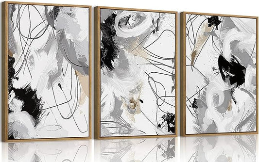 myusuar 3 Piece Large Modern Abstract Canvas Framed Wall Art For Living Room, Black And White Lines Minimalist Wall Art Decor Posters Prints For Bedroom Office, 12x16in