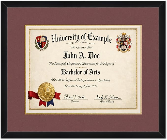 CountryArtHouse Diploma Frame Fits 17 x 13 International Diploma - Keepsake Graduation Display Matte Black Genuine Hardwood with Dark Red Over Metallic Gold Double mat