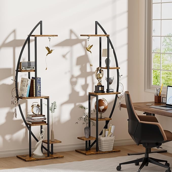 Bookshelf with Lights, 2 Pack Unique Bookshelves, 63" Ladder Tall Book Shelf, 6 Tier Arched Bookcase for Collectibles, Half-Moon Wide Display Book Stands for Bedroom Living Room, Rustic Brown