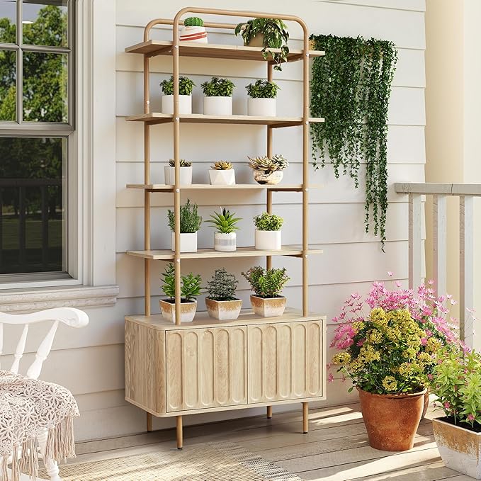 71" Tall Bookshelf with Door, 6-Tier Bookcase Modern Metal Book Shelf with Open Shelves & Adjustable Footpad Freestanding Storage Cabinet for Living Room, Home Office (Natural)