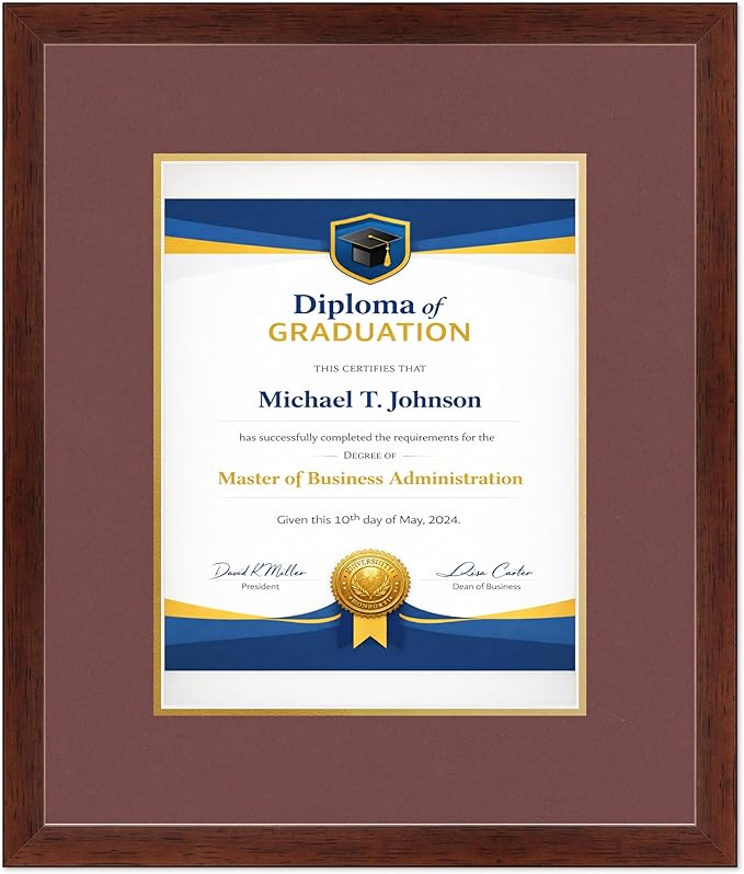 Diploma Frame Rustic Walnut With Dark Red Over Gold Double Mat - Fits 10 x 13 College Diploma (Portrait Traditional) Wall Display Made in the USA