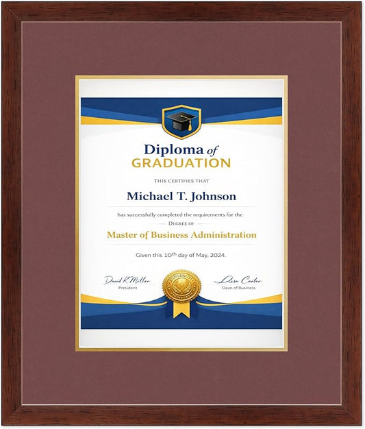 Diploma Frame Rustic Walnut With Dark Red Over Gold Double Mat - Fits 10 x 13 College Diploma (Portrait Traditional) Wall Display Made in the USA