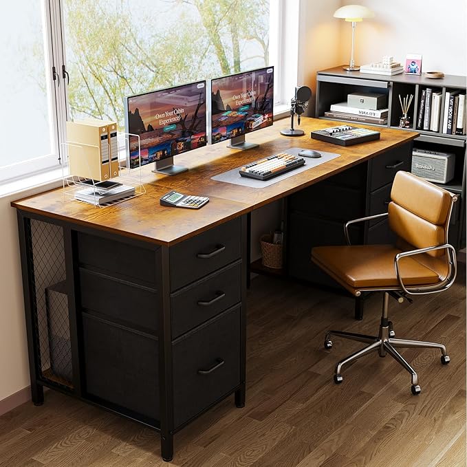 ODK 63 Inch Office Desk with 6 Fabric Drawers, Large Computer Desk for Home Office with Hidden Storage Shelves, Rustic Brown