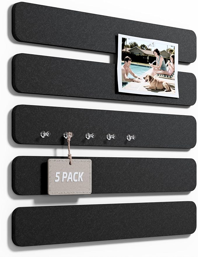 Fluxynara Cork Board Alternative Felt Strip Board 5-Pack 13"x2", Office Pin Board with 35 Push Pins, Adhesive Install for Bedroom Door & Home Office(Black)