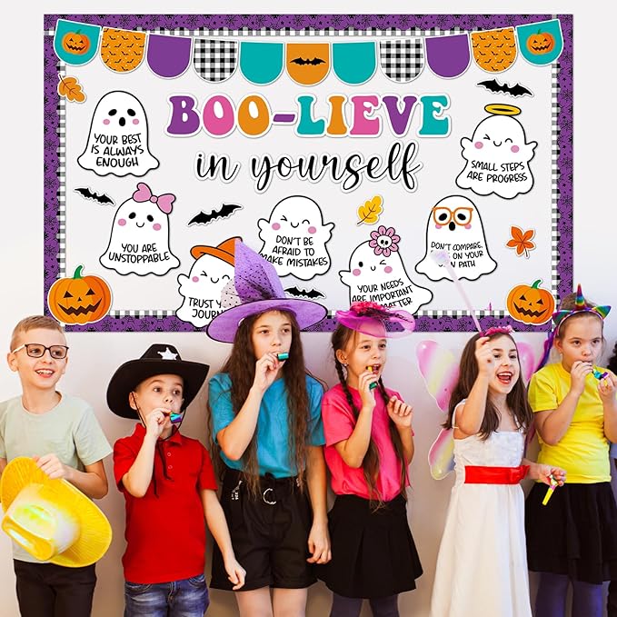 Halloween Bulletin Board Decorations Set Boo-Lieve in Yourself Classroom Decor Spooky Boo Ghost Pumpkin Paper Cutouts for Halloween Party October Office School Classroom Chalkboard Wall Supplies Favor