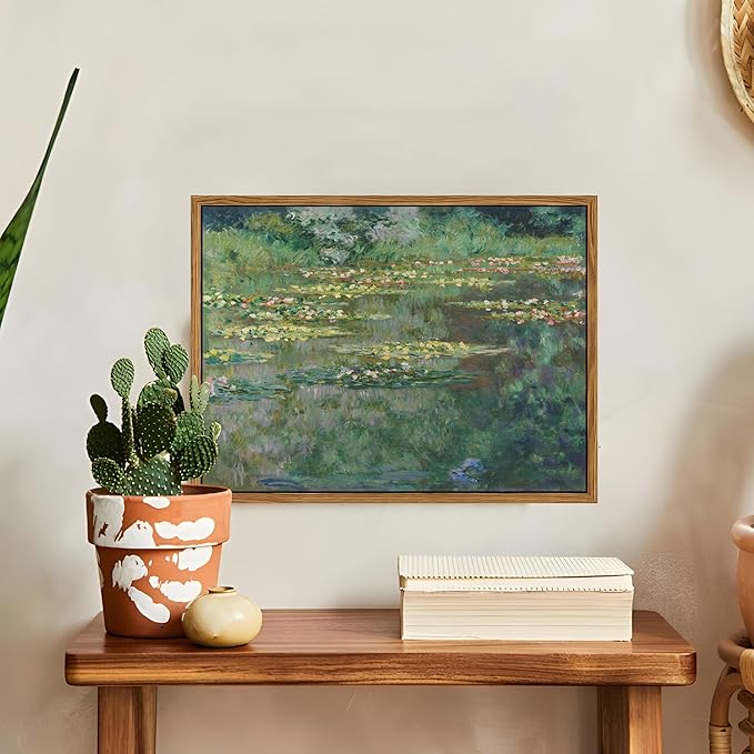 Framed Claude Monet Wall Art – Vintage Water Lilies Pond Painting Wall Decor, Impressionist Living Room Wall Art, Classic Aesthetic Canvas Prints for Bedroom Kitchen Bathroom – 24"x16"