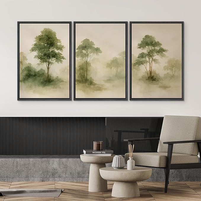 SIGNWIN Framed Canvas Print Wall Art Set Forest Trees Green Nature Landscape Illustrations Modern Art Decorative Nordic Abstract for Living Room, Bedroom, Office - 16"x24"x3 Black