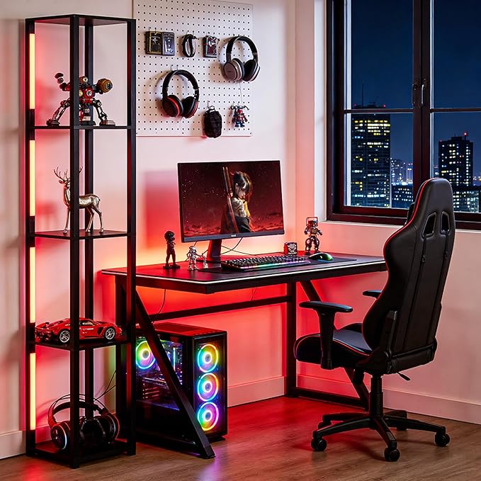 RGBCW Floor Lamp, LED Smart Modern Floor Lamp with Music Sync, Color Changing Corner Display Shelf Lamp, Square Standing Lamp with Shelves for Living Room and Bedroom, Office, Black