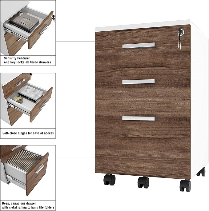 Modern Design Lazio File Cabinet, Filing Cabinets for Home Office, Drawers for Under Desk, Locking 3 Drawer Rolling Filing Cabinet with Lock, Walnut and White, by Crafts and Comfort