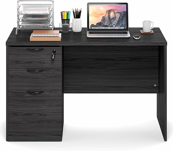 Furinno Roger 47 Inch Executive Desk with File Cabinet, Home Office Desk with 3-Drawer Fixed Pedestal Filing Cabinet, Desk Cord Grommet, for Home Office, Coastal Grey