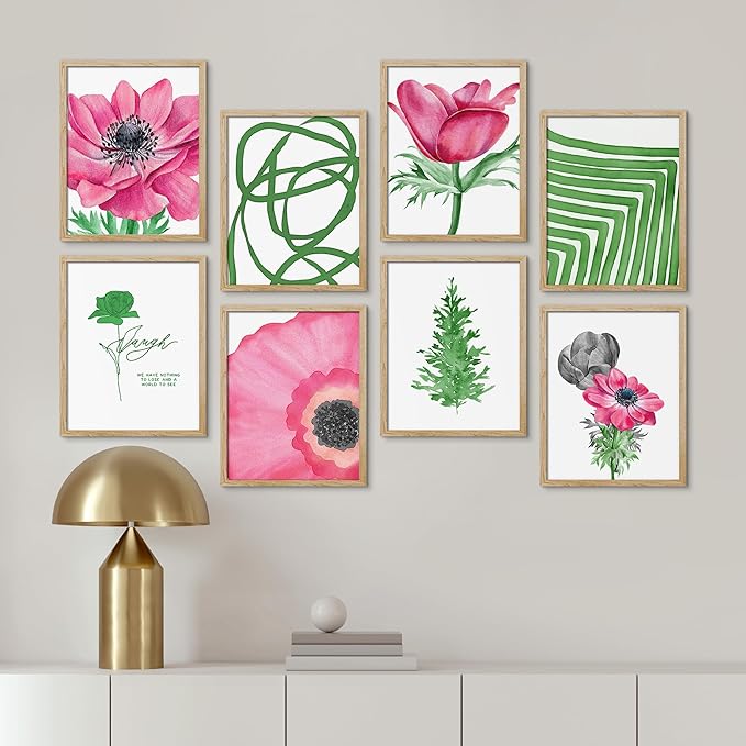 SIGNWIN Framed Poster Bathroom Decor, Wall Art Room Decor Multicolor for Living Room, Bedroom, Office Pink Daisy Jungle Tropical Botanical Palm Leaf Nature Abstract Shapes - 8"x10"x 8 Natural