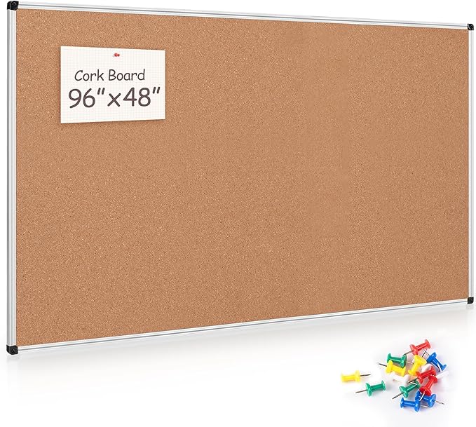 Board2by Large Cork Bulletin Board 96" X 48", Silver Aluminum Framed Corkboard for Wall, Wall Mounted Notice Pin Board with Push Pins for School, Home & Office - 7' x 4' Corkboard