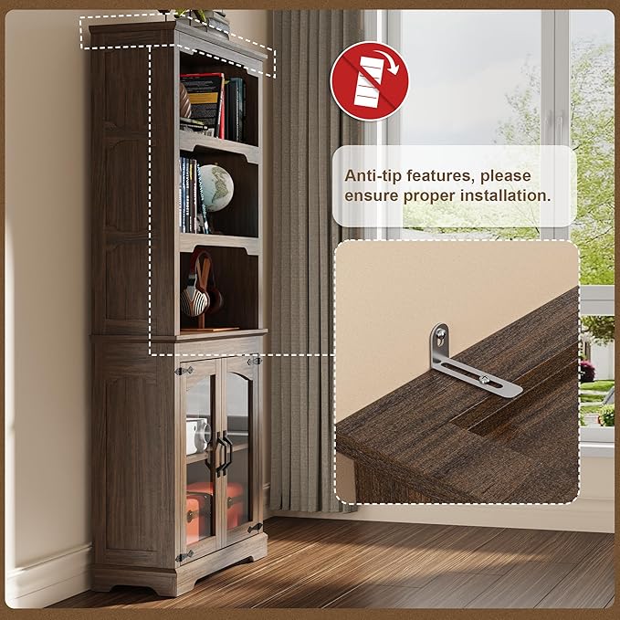 Tall Bookcase, 70 inch Height, 5-Tier Open Storage Shelf, 31.5 in Wide Standing Bookshelves for Home, Office, Bedroom, School, Library, 31.5W * 11.81D *70H (Walnut, Glass Door)
