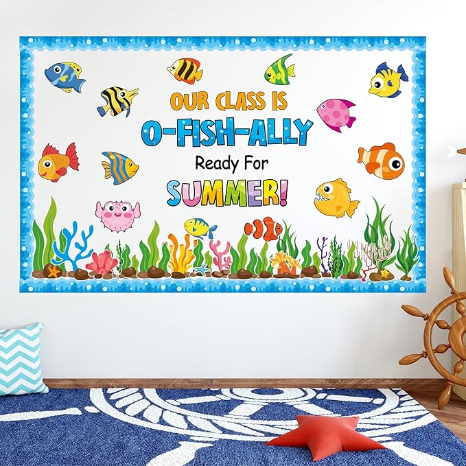 Summer Ocean Sea Bulletin Board Decorations O-Fish-Ally Ready for Summer Theme Classroom Back to School Bulletin Board Border Set Tropical Marine Fish Paper Cutouts for School Home Decor