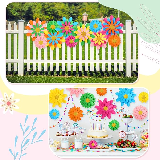 18 Pcs Paper Flowers Decor for Wall DIY Flower Bulletin Board 3D Spring Fiesta Mexican Paper Floral Decoration for Photo Backdrop Classroom Back to School Party(Rounded Star,Rainbow)
