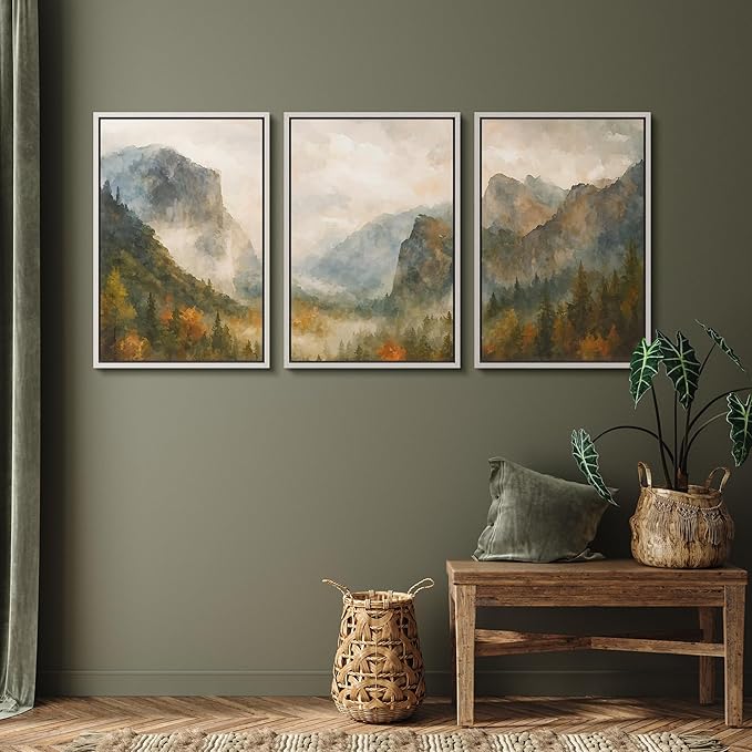 SIGNFORD Framed Wall Art Print Set Misty Mountain Valley Watercolor Serene Nature Landscape Digital Art Modern Art Contemporary for Living Room, Bedroom, Office - 16"x24"x3 White