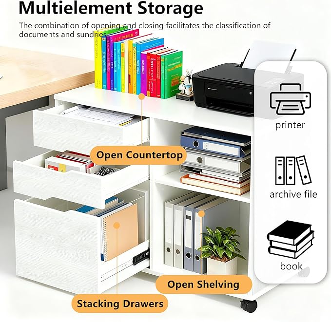 PayLessHere Lateral File Cabinet with 3 Drawers | Rolling Filing Cabinets Under Desk Storage with Wheels | Printer Stand Wood Organizer with Adjustable Shelf for Home Office Small Space, White
