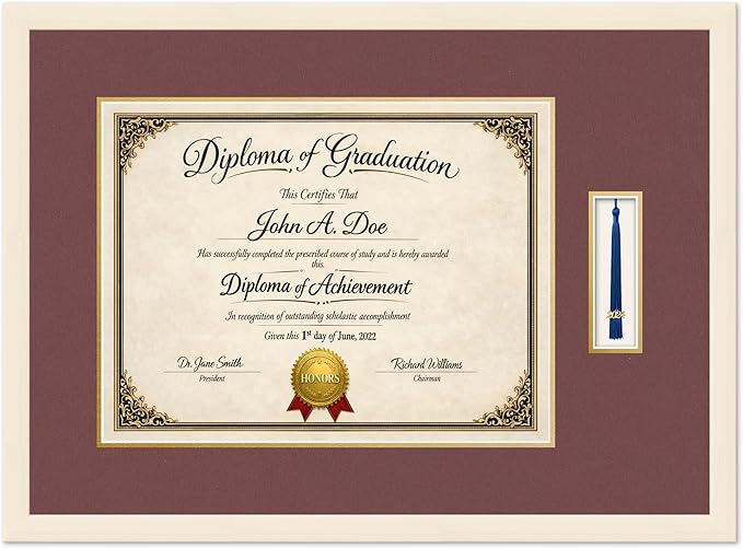 Diploma Frame with Tassel Holder Coastal Whitewash Shadowbox Dark Red Over Gold Mat - Fits 17 x 13 Degree Made in the USA