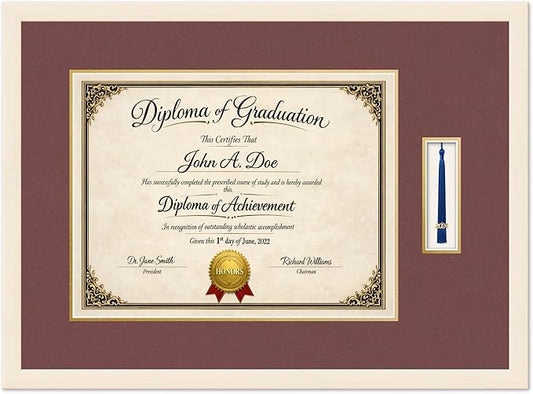 Diploma Frame with Tassel Holder Coastal Whitewash Shadowbox Dark Red Over Gold Mat - Fits 17 x 13 Degree Made in the USA