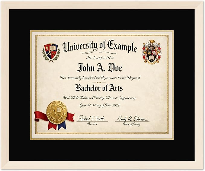 CountryArtHouse Diploma Frame Fits 17 x 13 International Diploma - Keepsake Graduation Display Coastal Whitewash Genuine Hardwood with Black Over Metallic Gold Double mat