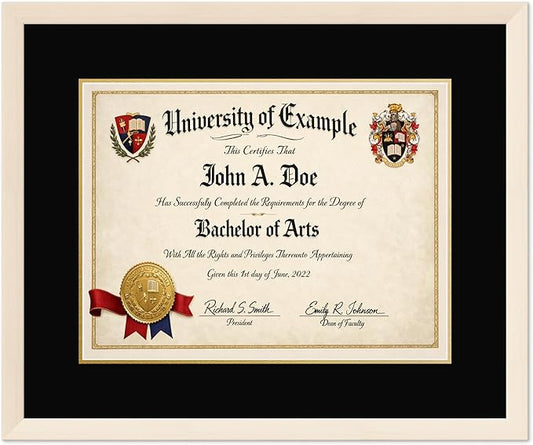 CountryArtHouse Diploma Frame Fits 17 x 13 International Diploma - Keepsake Graduation Display Coastal Whitewash Genuine Hardwood with Black Over Metallic Gold Double mat
