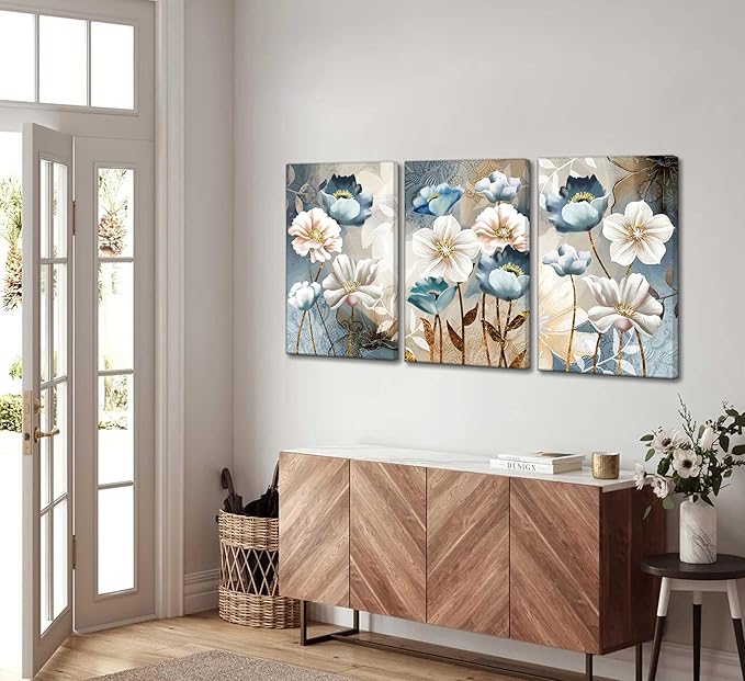 3 Pcs Modern Luxury Lotus Flower Canvas Wall Art White and Blue Floral Painting Pictures Wall Decor Posters Print Artwork for Living Room Bedroom Bathroom Office Home Decoration
