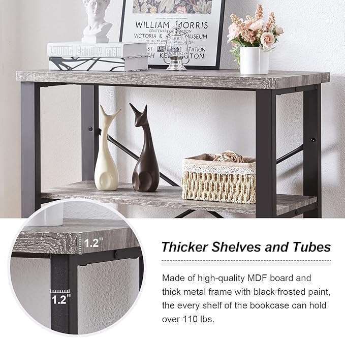 HOMBAZAAR 3 Tier Bookshelf,Grey Industrial Book Shelf,Engineered Wood and Metal Small Bookshelves,Low Shelf Bookcase for Living Room,Office,Bedroom and Kitchen