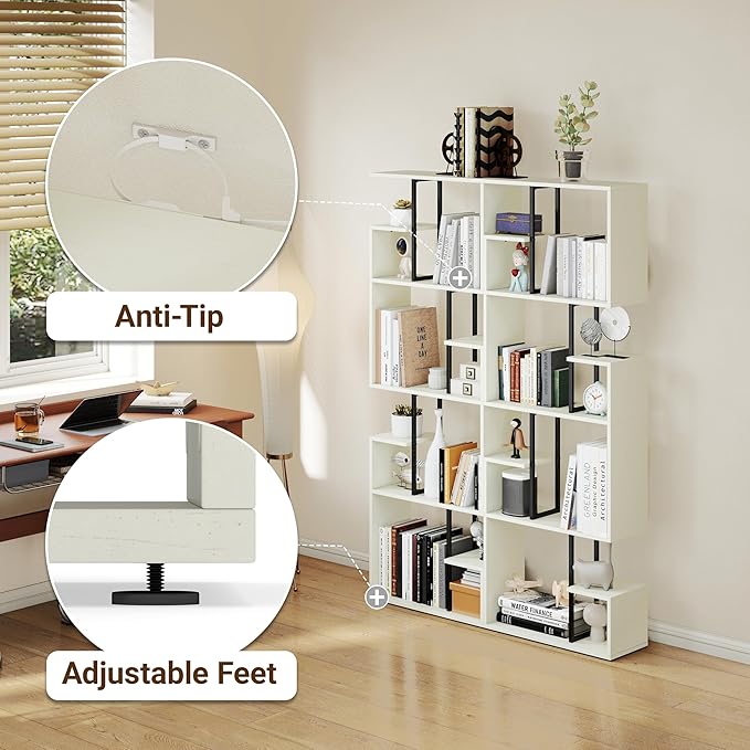 Manora 4 Tier Geometric Bookcase, S Shaped Bookshelf, Modern White Bookcase with Tall Display Shelves, Decorative Storage Shelf for Living Room and Bedroom