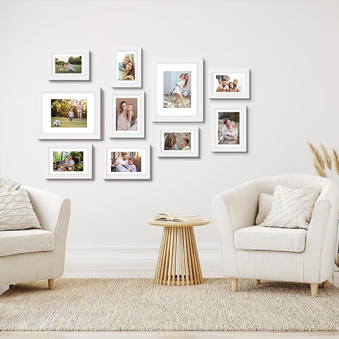 Picture Frames, Made of Real Glass and Wooden Frame, Gallery Photo Frames Set of 10 for Collage Wall Decor, Multi Sizes Including 8x10, 5x7, 4x6 for Mounting or Tabletop Display, White
