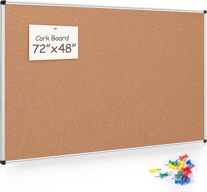 Board2by Large Cork Bulletin Board 72" X 48", Silver Aluminum Framed Corkboard for Wall, Wall Mounted Notice Pin Board with Push Pins for School, Home & Office - 6' x 4' Corkboard