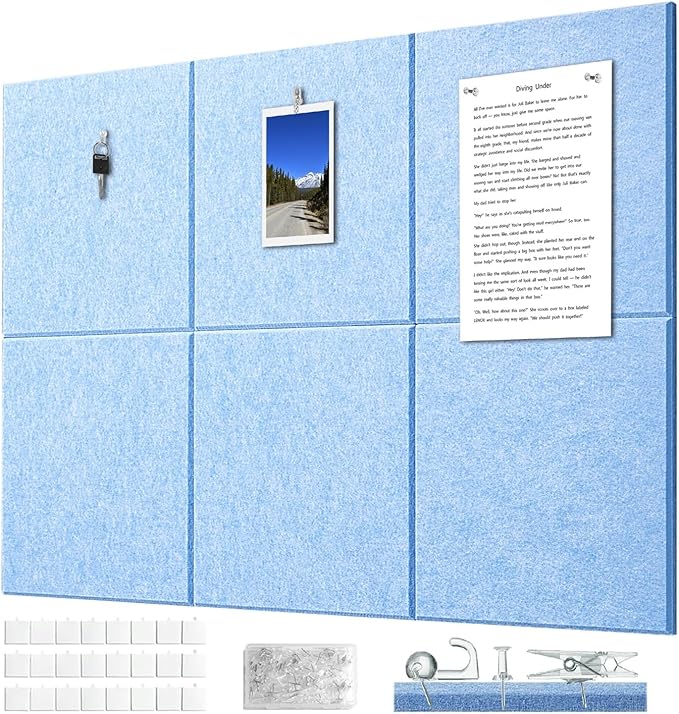 Felt Wall Tiles Bulletin Board Large Cork Board Alternative 6 Pack 11.81”x11.81”x0.47” Felt Pin Board Tack Board with Safe Removable Adhesive Tabs for Home Office School 36x24 (Light Blue)