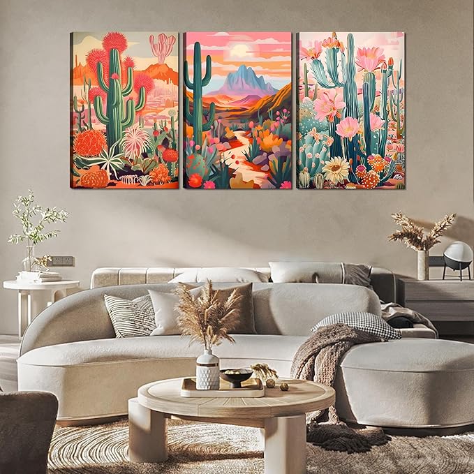 Framed Cactus Canvas Wall Art Green Pink Orange Plant Floral Wall decoration pictures Colorful Southwestern Rustic Painting Desert Landscape Poster Prints for Living Room Bathroom Bedroom 16inx24in