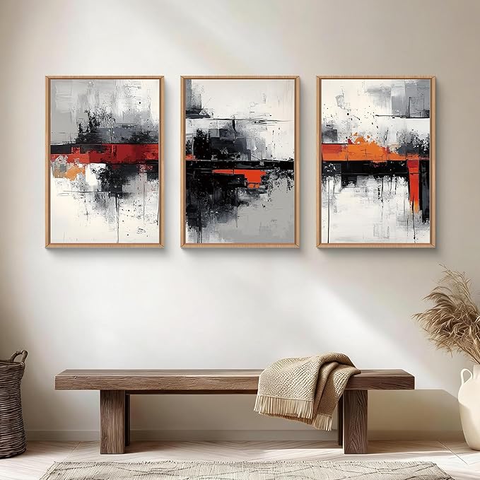 HOURIA Modern Abstract Framed Canvas Wall Art Set,Neutral Black and Orange Wall Decor,Textured Gray White Wall Painting,Pastel Strokes Art Prints for Living Room, Bedroom, Farmhouse-16 x24 x3