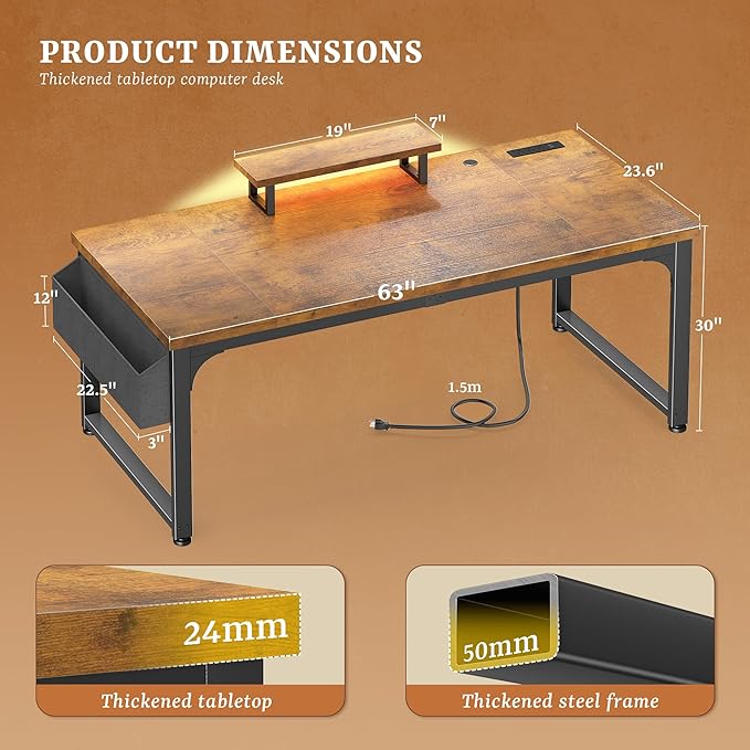 63 Inch Desk with Power Outlets,No Wobble Computer Desk with 0.95 Inch Thicker Desktop & Storage Bag & Monitor Stand, Office Desk with Light, Writing Desk for Home,Study,Bedroom,Living,Brown