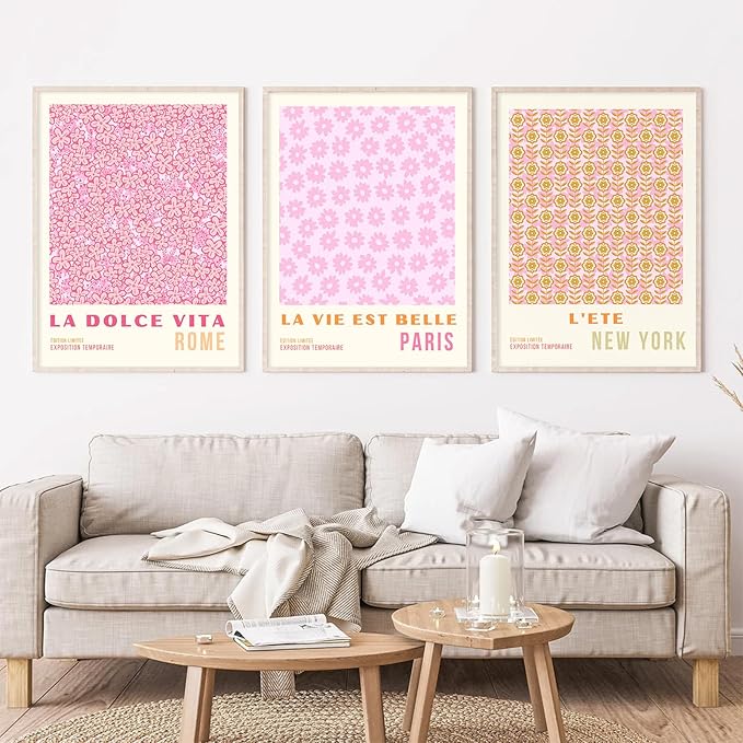 Pink Flower Market Wall Art Decor Aesthetic Abstract Canvas Floral Minimalist Wall Art Pictures Orange Floral Prints Artwork Botanical Flower Poster Colorful Painting 16x24 Inch Unframed set Of 3