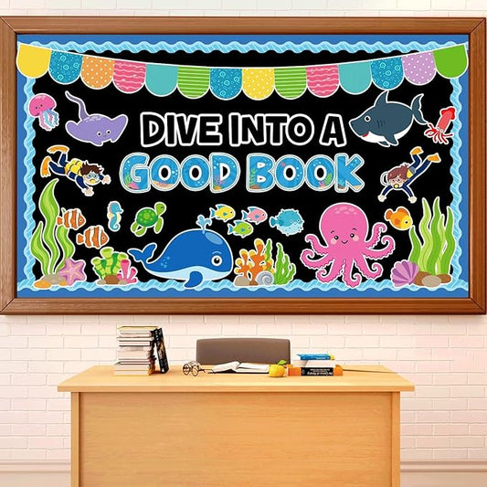Summer Sea Animal Bulletin Board Decorations Dive into a Good Book Reading Summer Ocean Theme Classroom Back to School Bulletin Board Border Set Ocean Under the Sea Paper Cutouts for School Home Decor