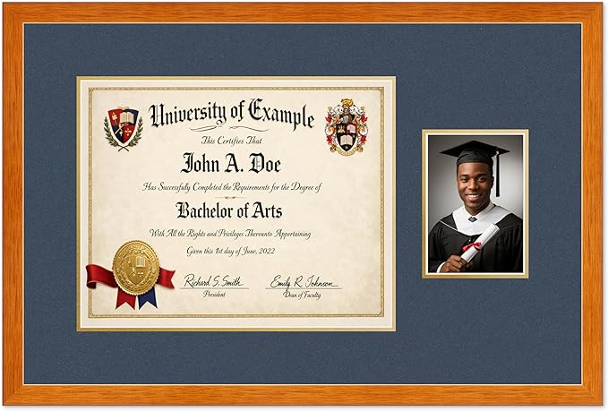 CountryArtHouse Fits 15 x 12 Military/Government and 5 x 7 Photo Diploma and Photo Frame Honey Oak Genuine Hardwood with Navy Blue Over Metallic Gold Double mat