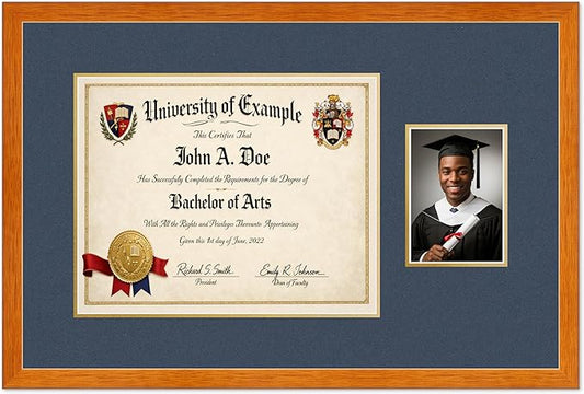 CountryArtHouse Fits 15 x 12 Military/Government and 5 x 7 Photo Diploma and Photo Frame Honey Oak Genuine Hardwood with Navy Blue Over Metallic Gold Double mat