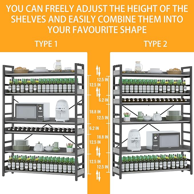 HCHQHS Bookshelf, Adjustable Industrial Bookcase, Vertical Tall Book Shelf, Wood and Black Metal Open Bookshelves for Home Office, Living Room, Bedroom (Grey, 6-Tier (47" W x 70" H))