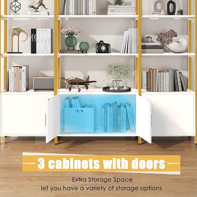 86" Gold Bookshelf, Triple Wide 5 Tier Arched Bookshelves & Bookcases with Storage, Large Modern Metal Book Shelf Stand for Bedroom/Living Room/Office Display Shelves, White & Gold